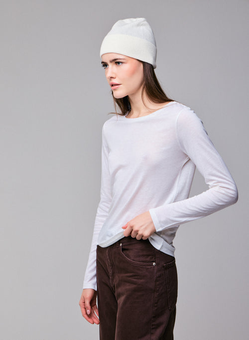 T-shirt Blanc Col Rond Manches Longues en Coton Organique et Cachemire - MAJESTIC FILATURES