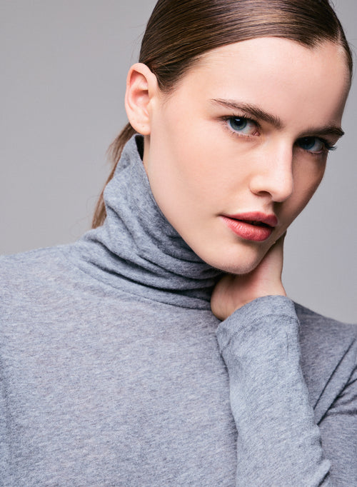 Grey Turtleneck Long Sleeves T-Shirt in Organic Cotton and Cashmere - MAJESTIC FILATURES