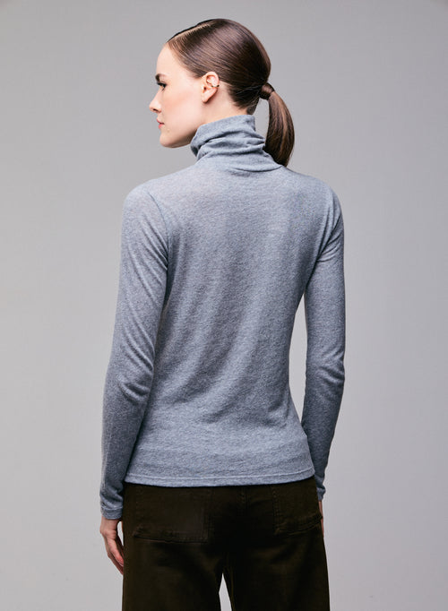 Grey Turtleneck Long Sleeves T-Shirt in Organic Cotton and Cashmere - MAJESTIC FILATURES
