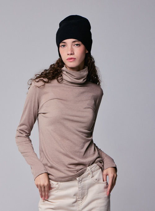 T-shirt Beige Col Roulé Manches Longues en Coton Organique et Cachemire - MAJESTIC FILATURES
