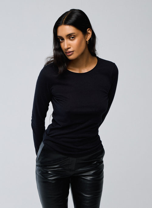 T-shirt Marine Col Rond Manches Longues en Coton et Cachemire - MAJESTIC FILATURES