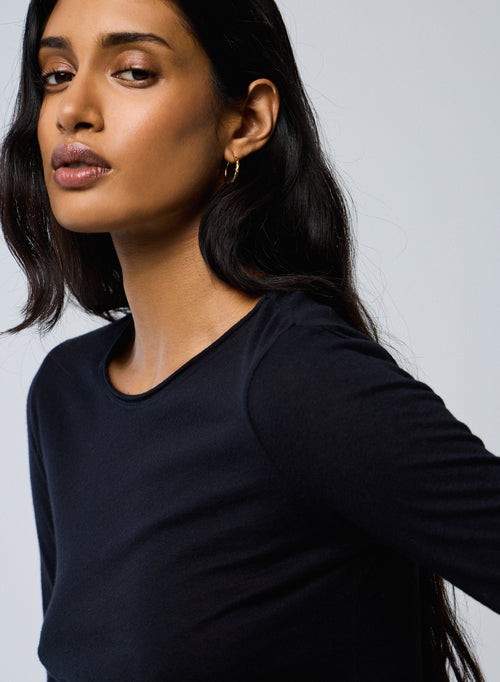 Navy blue Long Sleeves Round Neck T-Shirt in Cotton and Cashmere - MAJESTIC FILATURES