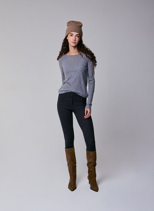 Grey Round Neck Long Sleeves T-shirt in Cotton and Cashmere - MAJESTIC FILATURES