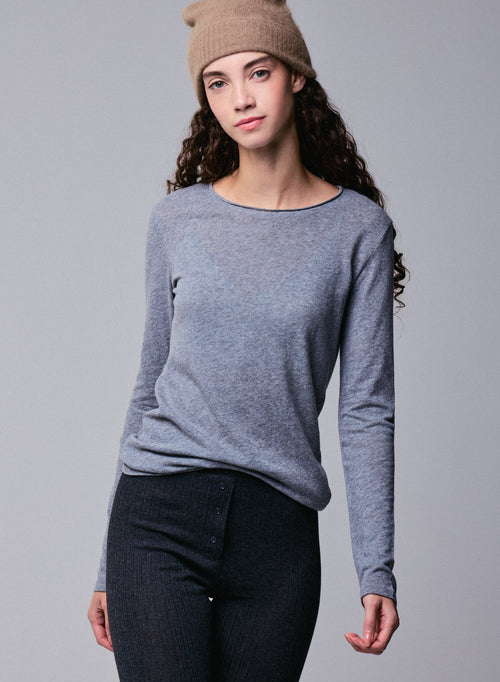 Camiseta de manga larga con cuello redondo gris en algodón orgánico / cachemir - MAJESTIC FILATURES