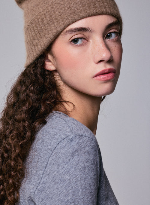 Grey Round Neck Long Sleeves T-shirt in Cotton and Cashmere - MAJESTIC FILATURES