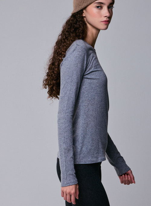 Grey Round Neck Long Sleeves T-shirt in Cotton and Cashmere - MAJESTIC FILATURES