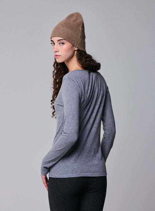 Grey Round Neck Long Sleeves T-shirt in Cotton and Cashmere - MAJESTIC FILATURES