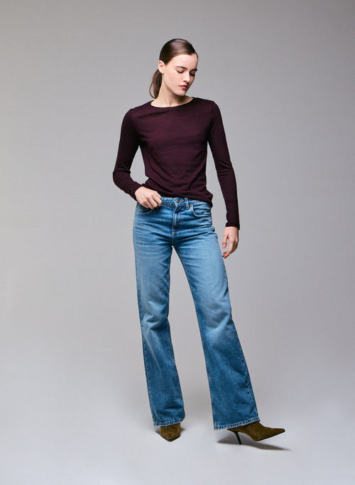 Purple Round Neck Long Sleeves T-Shirt in Cotton and Cashmere - MAJESTIC FILATURES