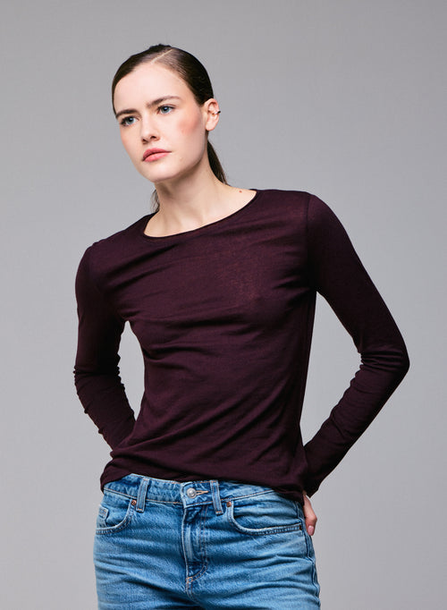 Purple Round Neck Long Sleeves T-Shirt in Cotton and Cashmere - MAJESTIC FILATURES