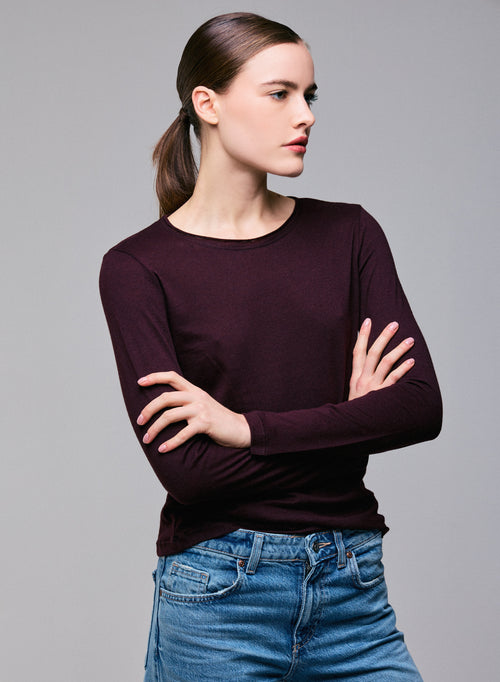 Purple Round Neck Long Sleeves T-Shirt in Cotton and Cashmere - MAJESTIC FILATURES