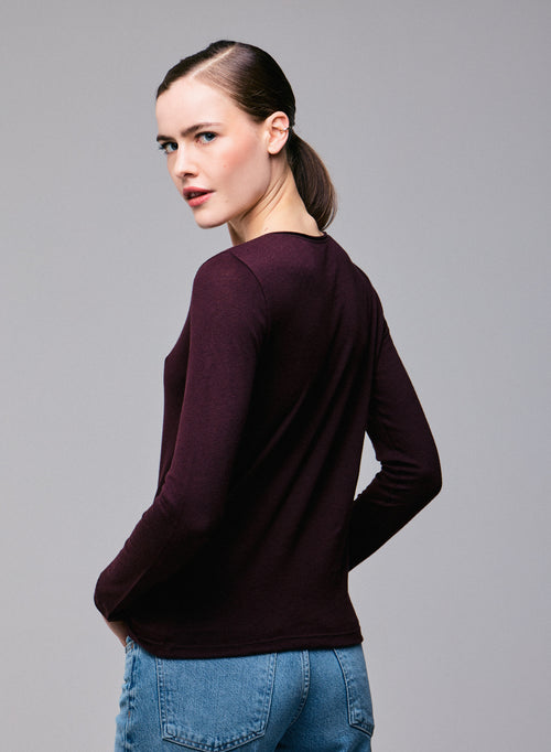 Purple Round Neck Long Sleeves T-Shirt in Cotton and Cashmere - MAJESTIC FILATURES