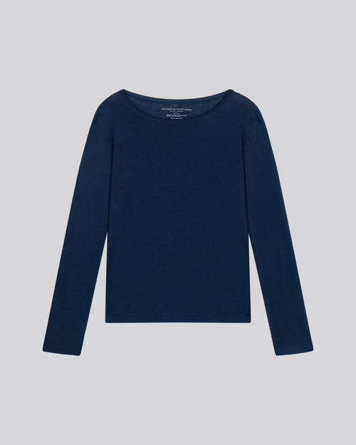 Blue Round Neck Long Sleeves T-shirt in Cotton and Cashmere - MAJESTIC FILATURES