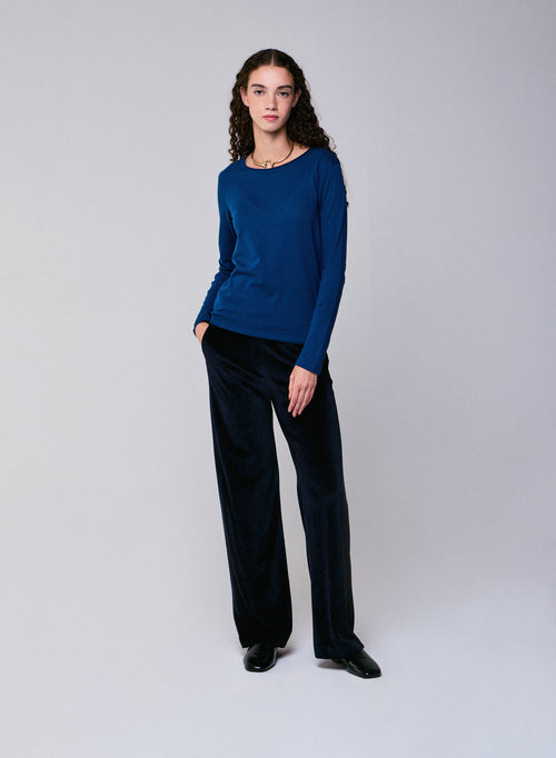 Blue Round Neck Long Sleeves T-shirt in Cotton and Cashmere - MAJESTIC FILATURES