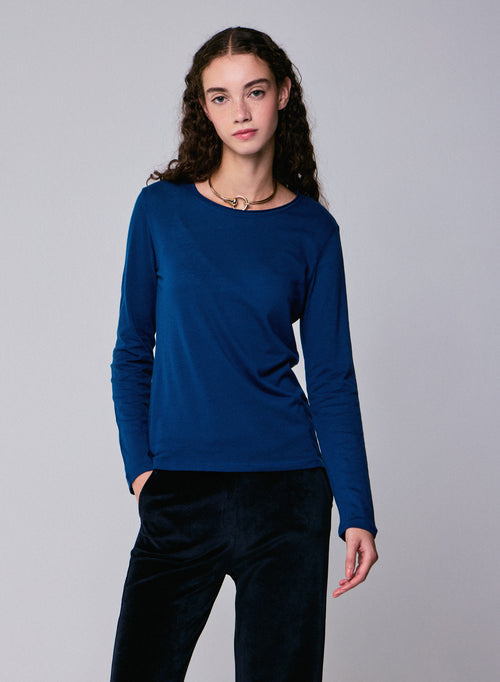 Blue Round Neck Long Sleeves T-shirt in Cotton and Cashmere - MAJESTIC FILATURES