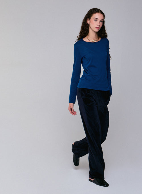 Blue Round Neck Long Sleeves T-shirt in Cotton and Cashmere - MAJESTIC FILATURES