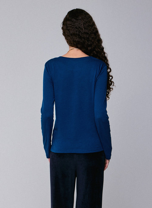 Blue Round Neck Long Sleeves T-shirt in Cotton and Cashmere - MAJESTIC FILATURES