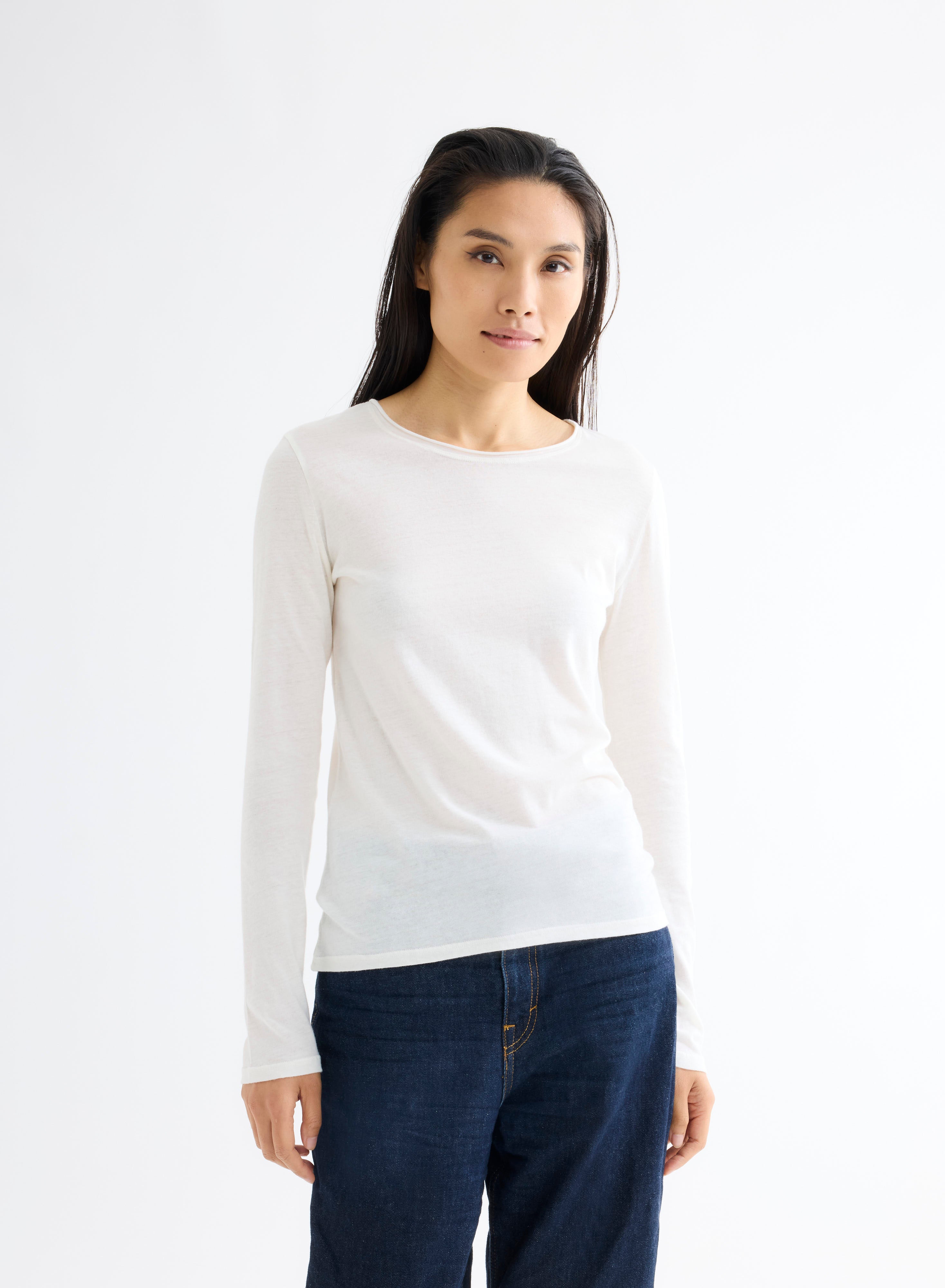 T shirt Blanc lait Col Rond Manches Longues en Coton Cachemire FEMME Majestic Filatures MAJESTIC FILATURES