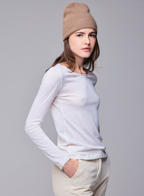 Milk Round Neck Long Sleeves T-shirt in Cotton and Cashmere - MAJESTIC FILATURES
