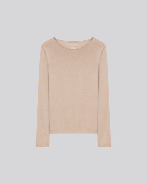 Beige Round Neck Long Sleeves T-Shirt in Cotton and Cashmere - MAJESTIC FILATURES