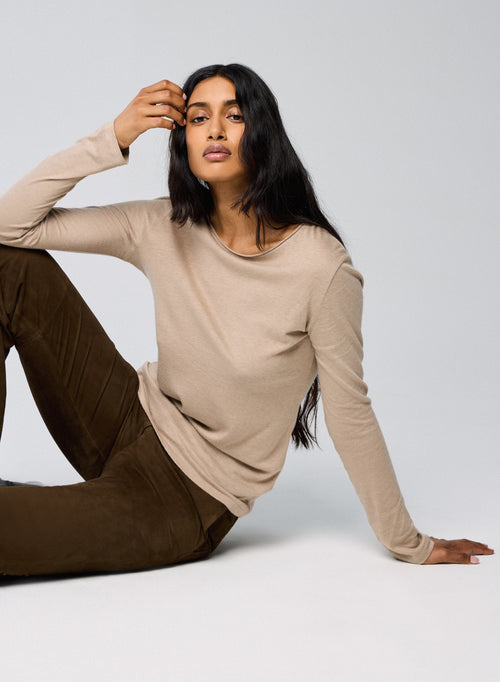 Beige Round Neck Long Sleeves T-Shirt in Cotton and Cashmere - MAJESTIC FILATURES