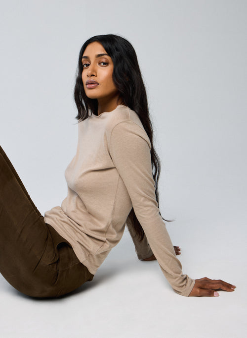 Beige Round Neck Long Sleeves T-Shirt in Cotton and Cashmere - MAJESTIC FILATURES