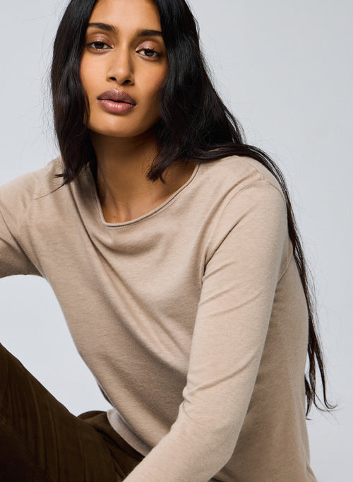 Beige Round Neck Long Sleeves T-Shirt in Cotton and Cashmere - MAJESTIC FILATURES