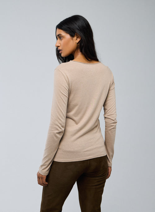 Beige Round Neck Long Sleeves T-Shirt in Cotton and Cashmere - MAJESTIC FILATURES