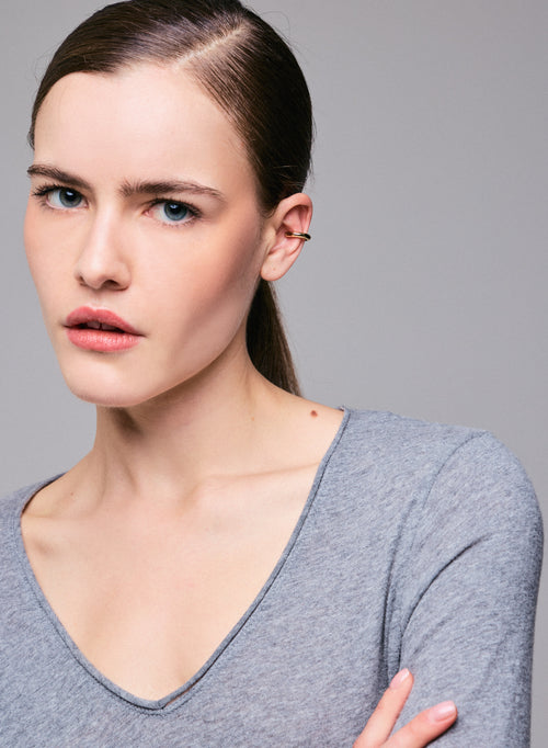 Camiseta de manga larga con cuello© en V gris jaspeado en algodón y cachemir - MAJESTIC FILATURES