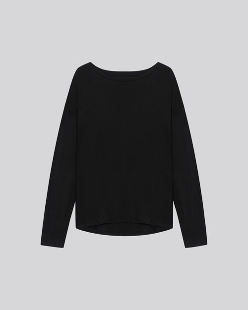 Black Boat Neck Long Sleeves T-Shirt in Cotton and Cashmere - MAJESTIC FILATURES