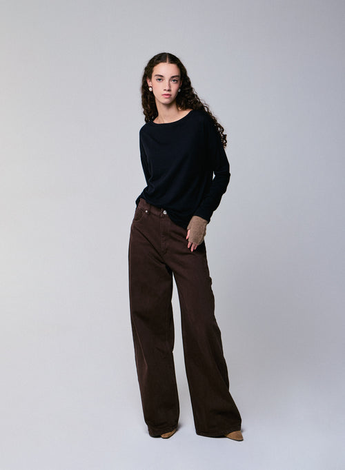 Black Boat Neck Long Sleeves T-Shirt in Cotton and Cashmere - MAJESTIC FILATURES