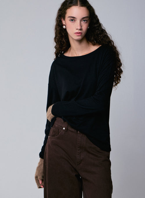 Black Boat Neck Long Sleeves T-Shirt in Cotton and Cashmere - MAJESTIC FILATURES