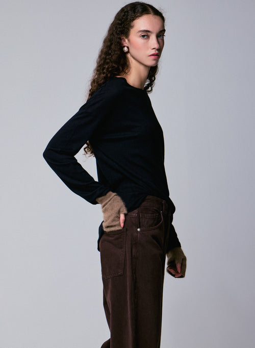 Black Boat Neck Long Sleeves T-Shirt in Cotton and Cashmere - MAJESTIC FILATURES
