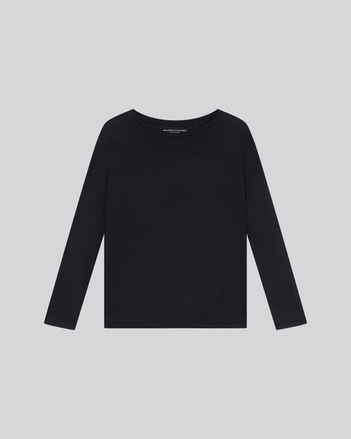 Marineblaues Langarm-T-Shirt mit U-Boot-Ausschnitt aus Baumwolle / Kaschmir - MAJESTIC FILATURES