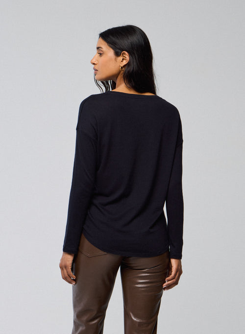 Marineblaues Langarm-T-Shirt mit U-Boot-Ausschnitt aus Baumwolle / Kaschmir - MAJESTIC FILATURES