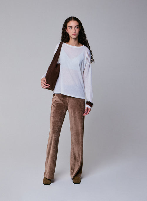 Weißes Langarm-T-Shirt mit U-Boot-Ausschnitt aus Baumwolle / Kaschmir - MAJESTIC FILATURES