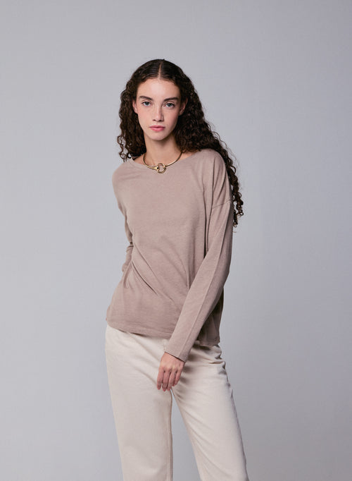 Beige Langarm-T-Shirt mit U-Boot-Ausschnitt aus Baumwolle / Kaschmir - MAJESTIC FILATURES