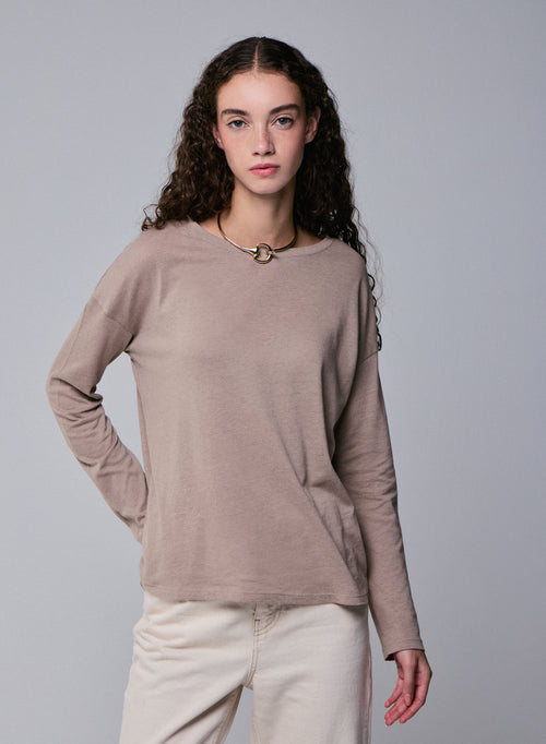 Beige Langarm-T-Shirt mit U-Boot-Ausschnitt aus Baumwolle / Kaschmir - MAJESTIC FILATURES