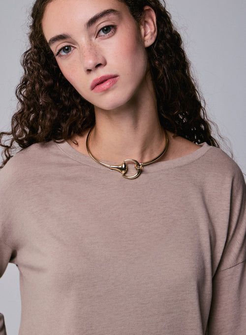 Beige Langarm-T-Shirt mit U-Boot-Ausschnitt aus Baumwolle / Kaschmir - MAJESTIC FILATURES