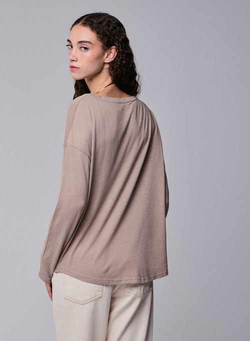Beige Langarm-T-Shirt mit U-Boot-Ausschnitt aus Baumwolle / Kaschmir - MAJESTIC FILATURES