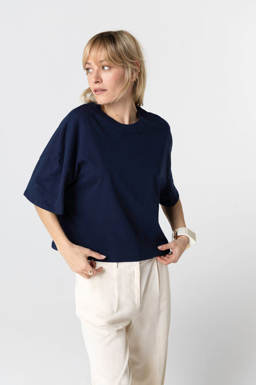 T-shirt Marine Col Rond Manches Courtes en Coton Organique - MAJESTIC FILATURES