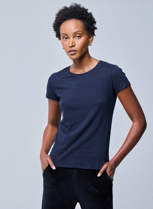 Jamie Round Neck T-shirt in black and in Deluxe Cotton.  Available on our e-shop. Secured payment. Customized customer service. - MAJESTIC FILATURES