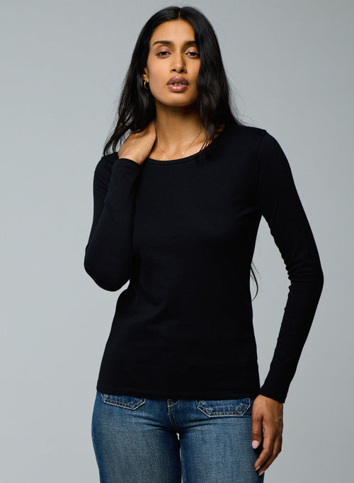Black Long Sleeves Round Neck T-Shirt in Organic Cotton - MAJESTIC FILATURES