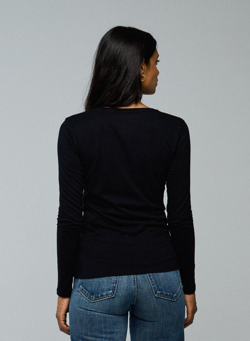 Black Long Sleeves Round Neck T-Shirt in Organic Cotton - MAJESTIC FILATURES
