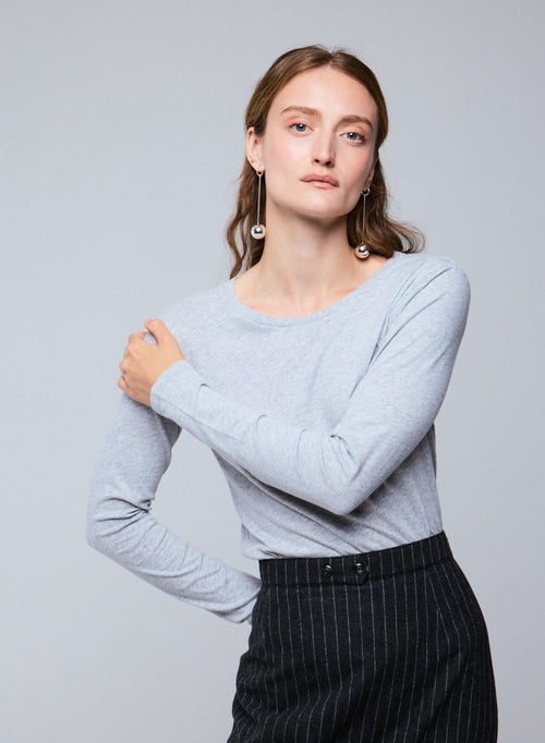 T-shirt Gris Col Rond Manches Longues en Coton organique - MAJESTIC FILATURES