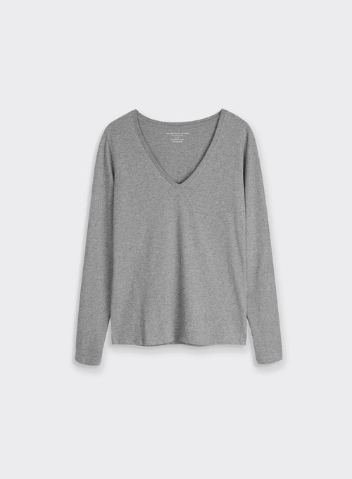 T-shirt Gris chiné Col V Manches Longues en Deluxe Coton - MAJESTIC FILATURES