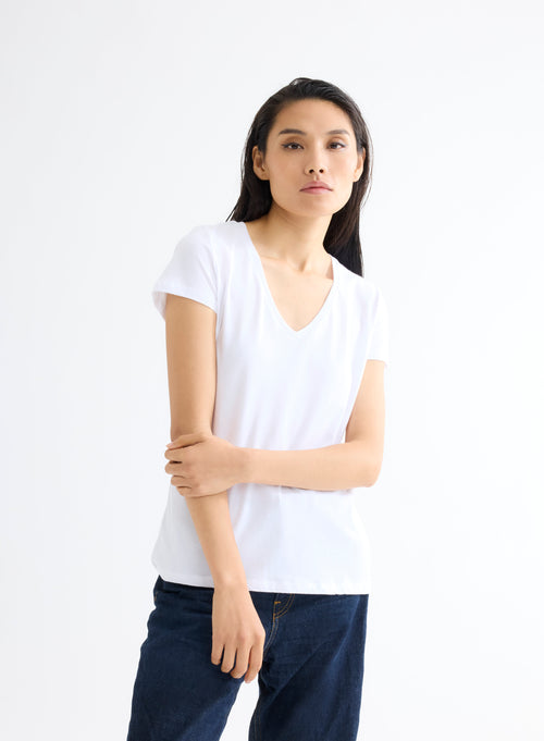 T-shirt Blanc Julia col V Manches Courtes en Deluxe Coton - MAJESTIC FILATURES