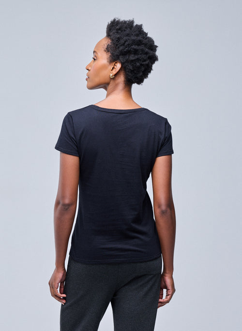 T-shirt Noir Julia Col V Manches Courtes en Coton Organique - MAJESTIC FILATURES