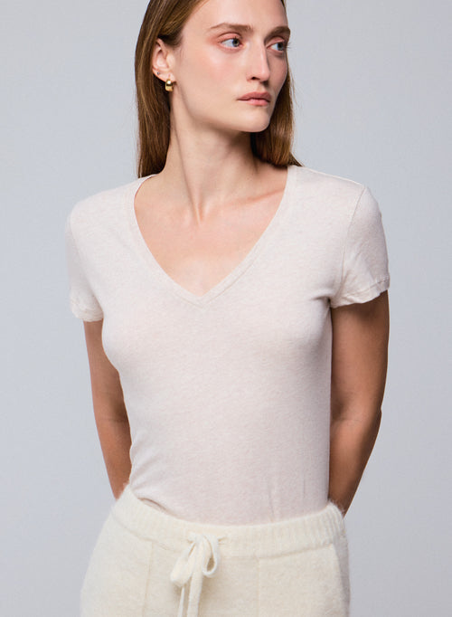 Beige Julia V-neck Short Sleeves T-shirt in Organic Cotton - MAJESTIC FILATURES