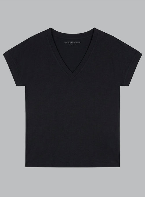T-Shirt mit V-Ausschnitt und kurzen Ärmeln aus Bio-Baumwolle in Schwarz - MAJESTIC FILATURES