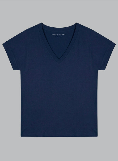 Camiseta azul marino con cuello en V y manga corta de algodón orgánico - MAJESTIC FILATURES